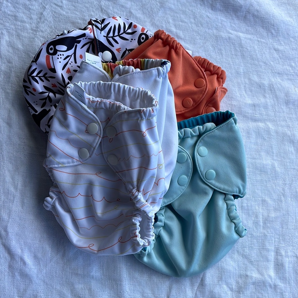 esembly diaper “outers” 5 various prints & 14 “inners” organic cotton